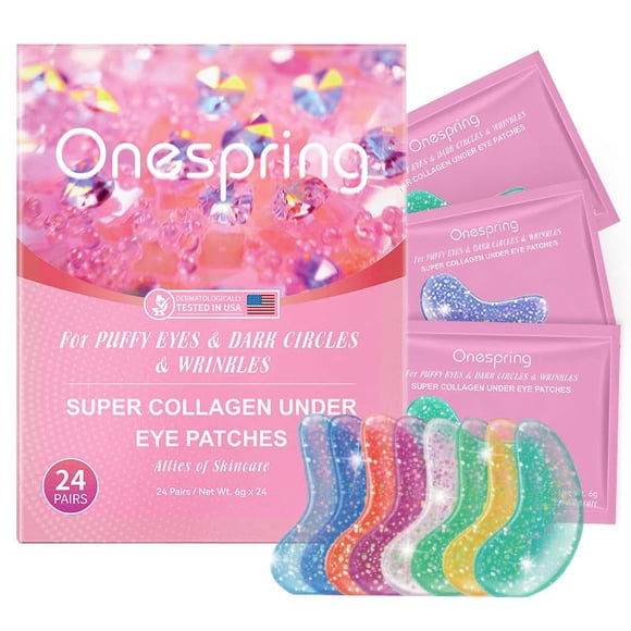 Onespring Parches debajo de los ojos (24 pares) – Almohadillas de gel para ojos mejoradas para arrugas, ojos hinchados, ojeras, bolsas de ojos, almohadillas de gel de colágeno natural para ojos, parch