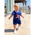 thumbnail image 4 of BemeyourBBs Toddler Baby Boy Girl 4th of July Outfit Patriot Independence Day Outfit Newborn Baby Boys Girls Summer Clothes Short Sleeve Stars Stripe Print T Shirt Tops and Suspender Shorts Set, 4 of 9