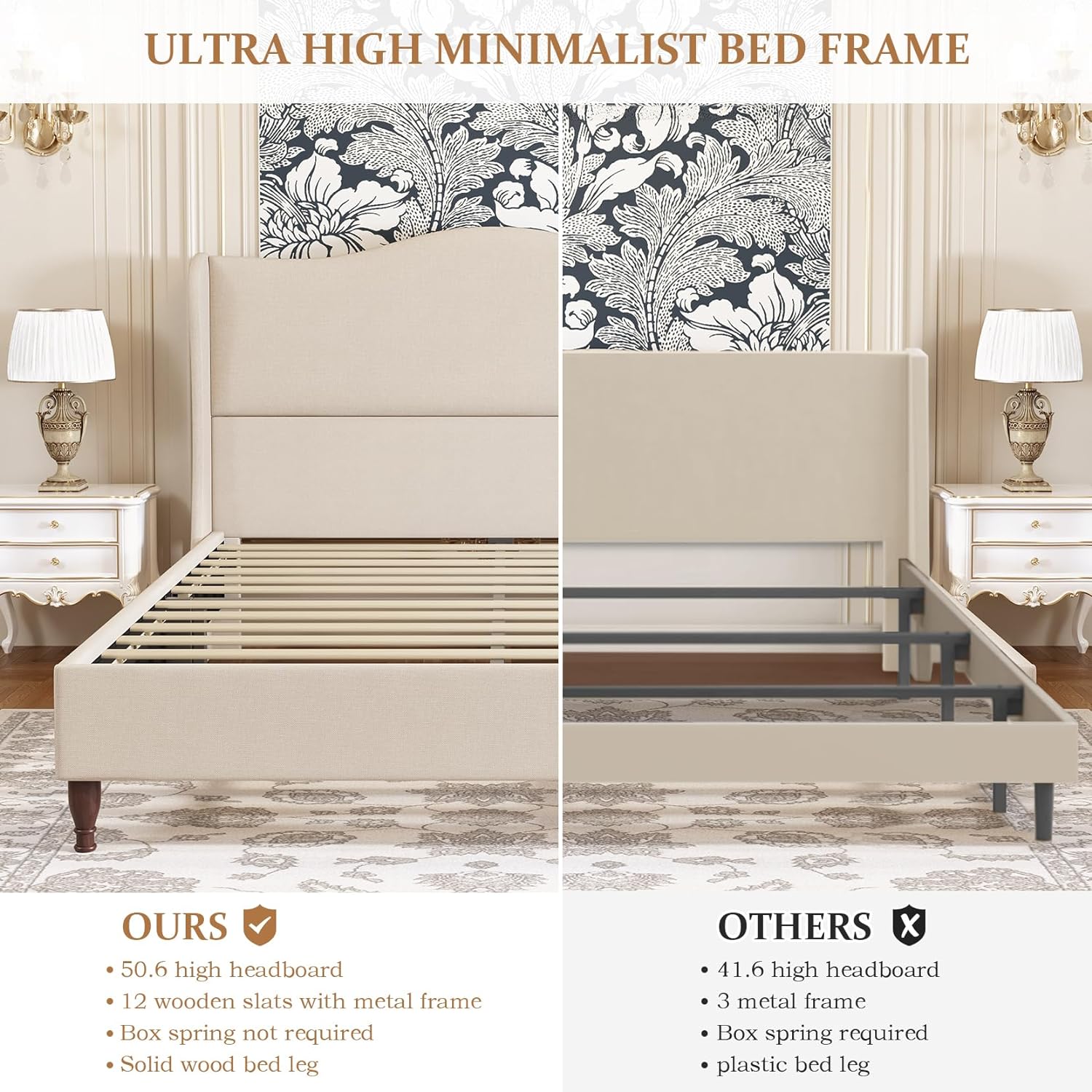 Neche Queen Upholstered Platform Bed Frame - 51" Tall Curved Wingback, Soft Fabric, Retro Sleigh Style, No Box Spring Needed, Easy Assembly, Beige