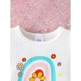 thumbnail image 5 of Infant Baby Girls Summer Shorts Sets Short Sleeve Letter Rainbow Print Romper Floral Shorts Headband, 5 of 9