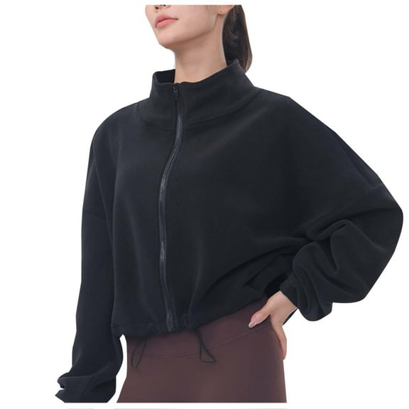 Byworldtasic Full Zip Fleece Jacket for Women Cropped Warm Winter Coats with Pockets Stand Collar Drawstring Hem Sweatshirt