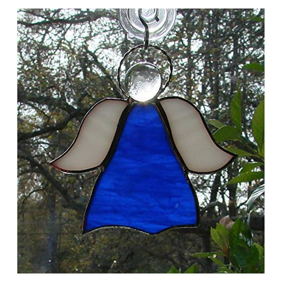 Stained Glass Angel Ornament - Cobalt Blue & White Handmade Sun Catcher - Iridescent Head, Copper Halo - Window Decor, Christmas Ornament