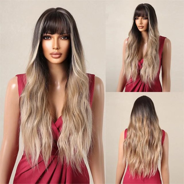 Pelucas sintéticas onduladas con flequillo para mujer, peluca larga de color rosa degradado, cabello falso para fiesta de Cosplay, fibra resistente al calor