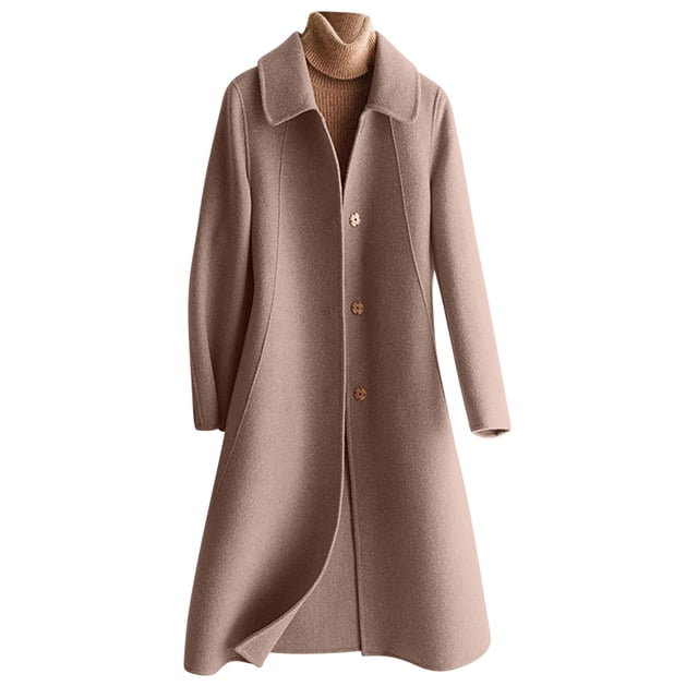 KIHOUT Women's Wool Trench Coat Winter Solid Color Long Sleeve Lapel Long Thick Overcoat Jackets