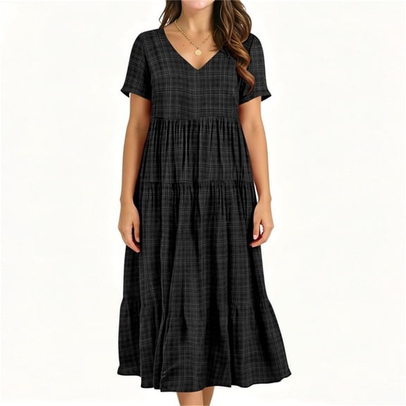ClodeEU Women's Plaid V Neck Short Sleeve Midi Dress,Casual Loose Swing Dress Black,Women's Plus L