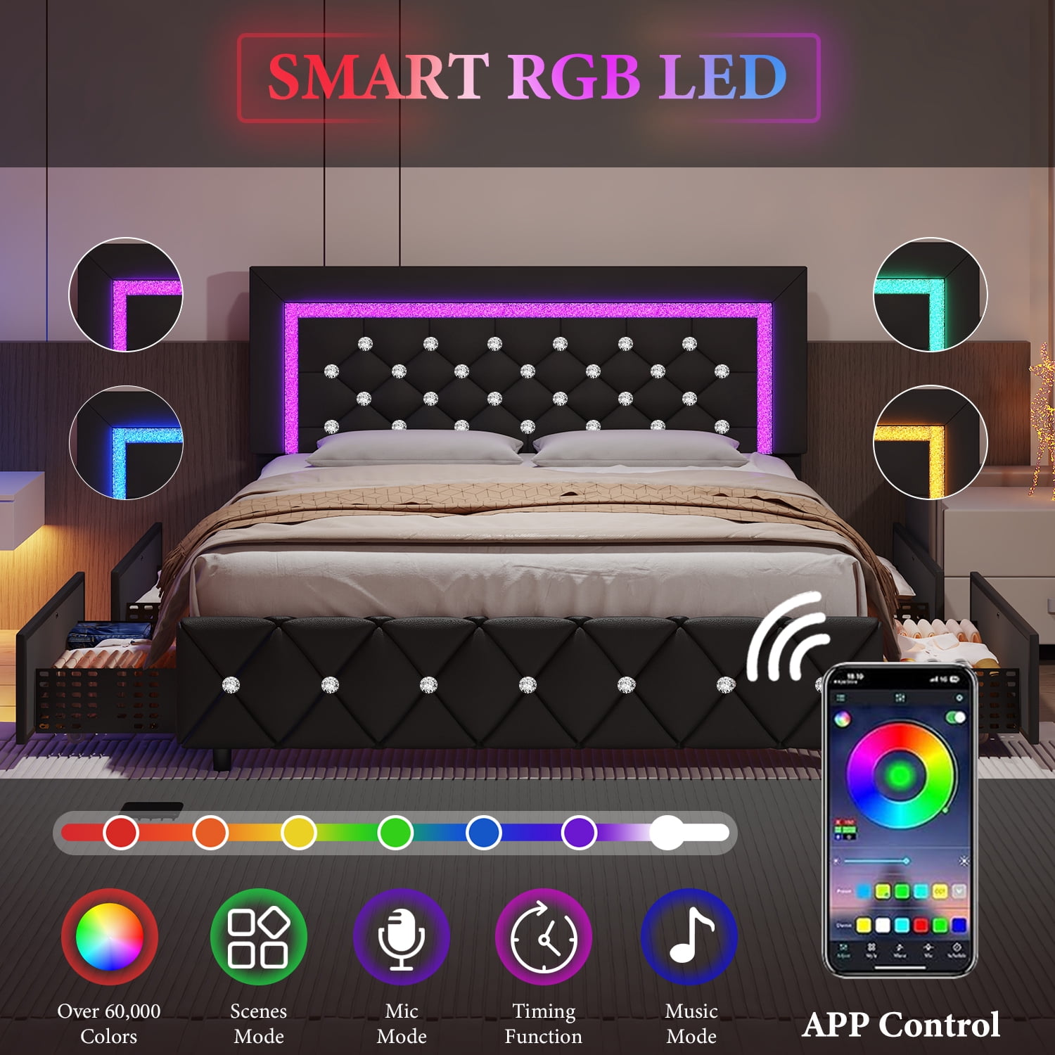 4 EVER WINNER Full Size LED Bed Frame with 4 Drawers, Black Full Bed Frame with LED Light Headboard, Modern Upholstered Bed with Diamond Headboard and Footboard, Black