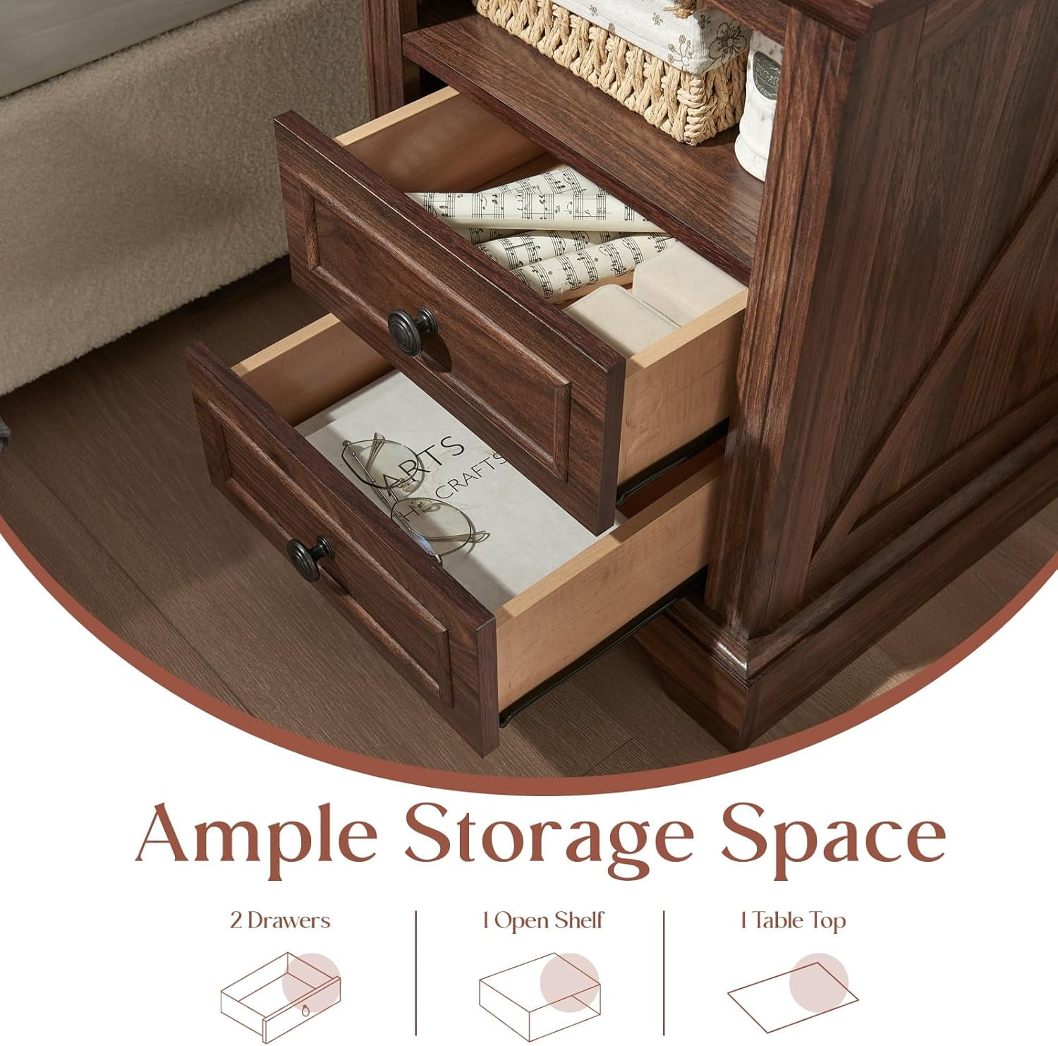18" Farmhouse Nightstand with Charging Station,Side Table with 2 Drawers and Open Storage, Side Table,Bedside Cabinet for Bedroom,Living Room,Brown