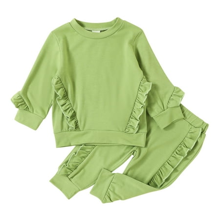 

Zlekejiko Kids Toddler Baby Girls Boys Autumn Winter Solid Ruffle Cotton Long Sleeve Pullover Sweatshirt Pants Set Clothes
