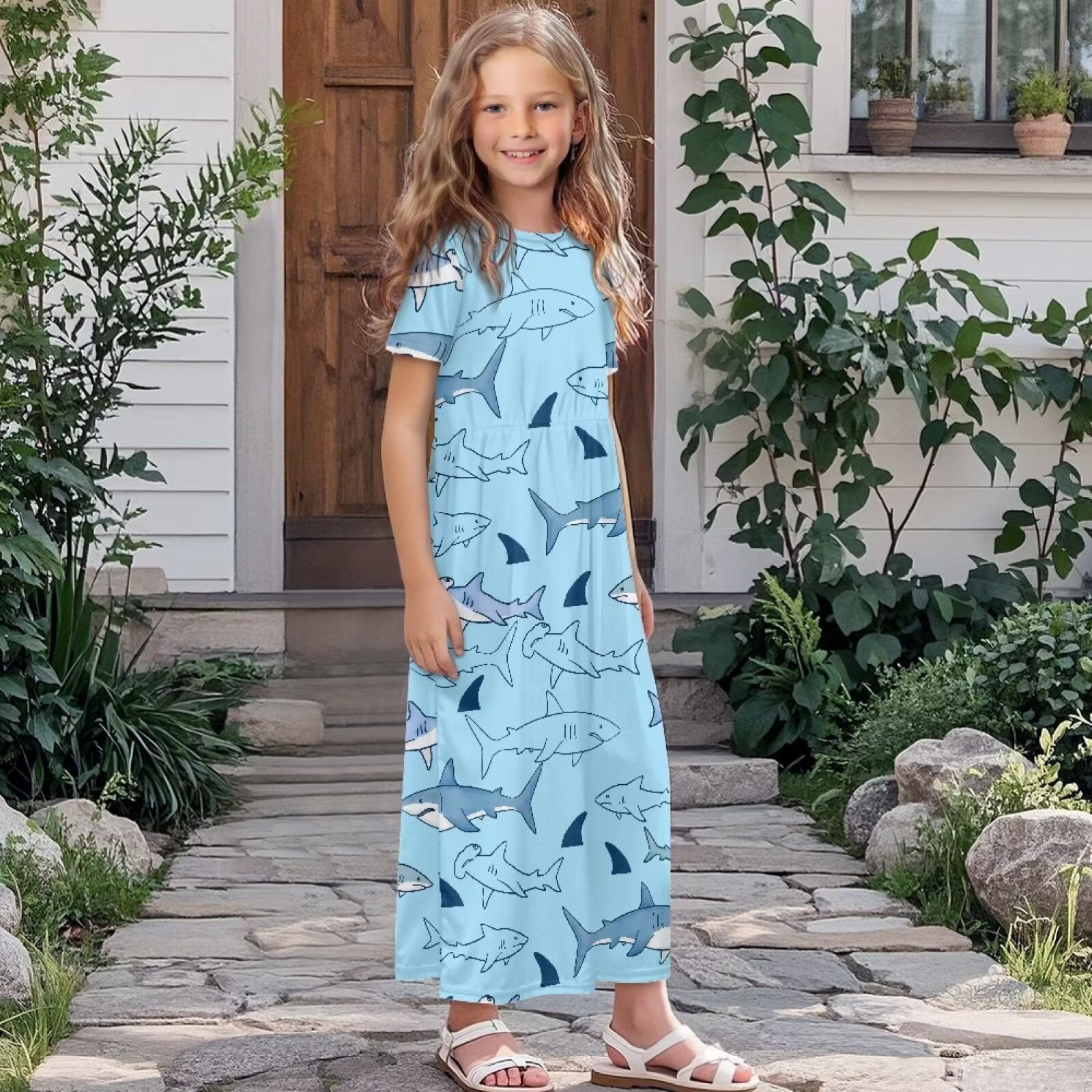 Uourmeti Blue Shark Print Girls Maxi Summer Dress with Pocket Short Sleeve Spring Boho Long Sundress Casual School for Kids, Size 5-6 Years