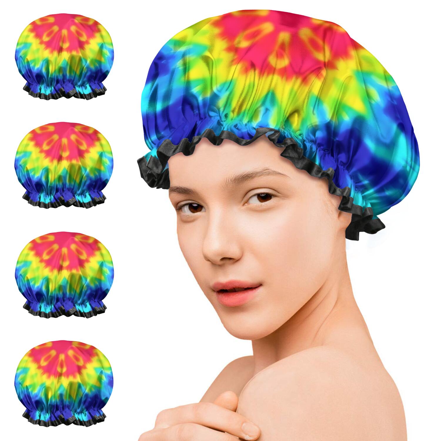 Shower Caps,Rainbow Tie Dye Mandala Pattern Waterproof Shower Cap for Women 4 Pieces,Double Reusable Hair Cover for Shower PEVA Elastic Stretch Hem