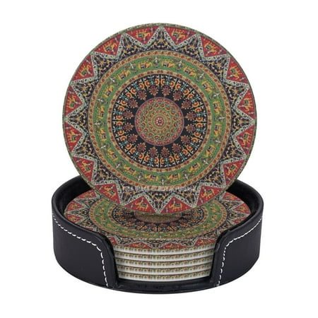 

Multicolor Bohemia Coasters With Leather Holder Set Of 6 Round Coasters for Home and Kitchen Decor