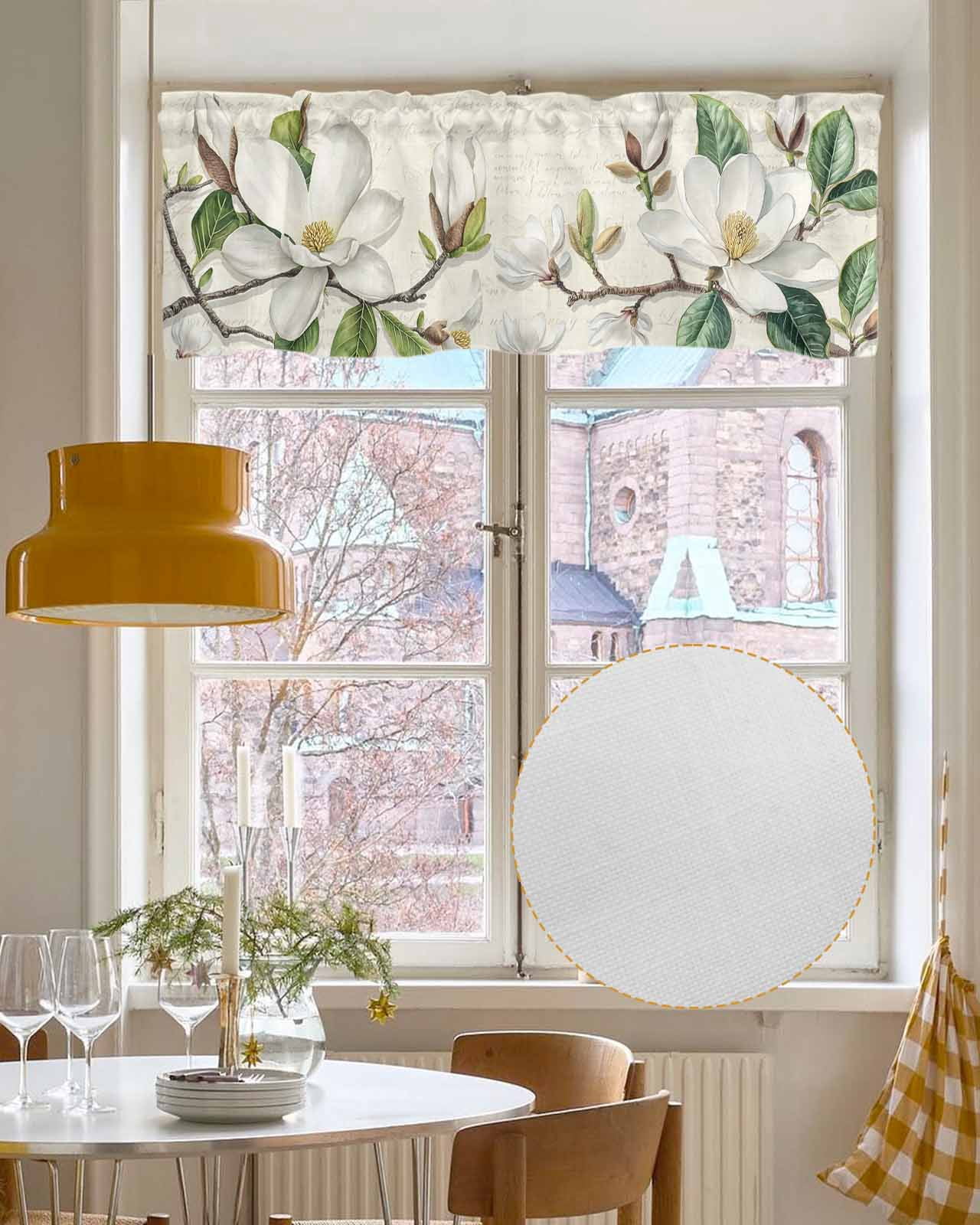 Botanical Floral Kitchen Valances for Windows Farmhouse Linen Window Valance Curtain for Living Room Window Treatment Retro Country Magnolia Flowers Leaves Valance Rod Pocket Topper, 60 x 18 Inch