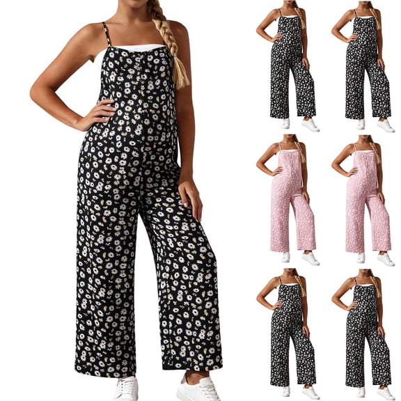 HBGVBA Maternity Boho Jumpsuit Sleeveless Overalls Boho Print Long Sling Adjustable Waist Loose Breathable Summer Outer Overalls