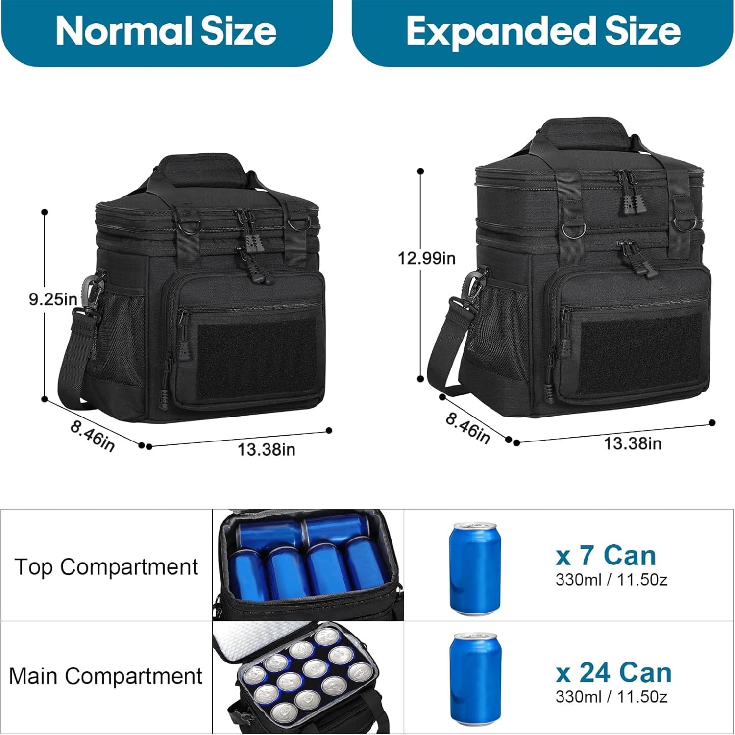 Double Deck Insulated Lunch Box, Expandable XLarge Lunch Bag Leakproof Cooler Bag Lunch Pail for Men Women Adults Work Shifts Travel Daytrip,22L,Black