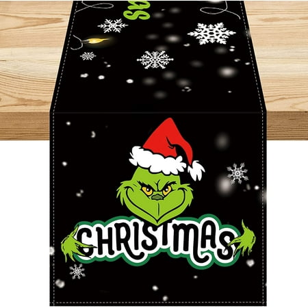 

SPXUBZ Christmas Table Runner Black Christmas Grinch String Lights White Snowflake Christmas Table Runner for Christmas Kitchen Dining Table Table Holiday Decoration