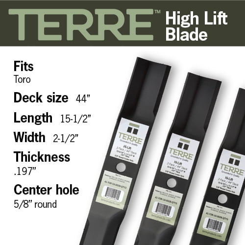 Terre Products, 3 Pack Hi Lift Lawn Mower Blades, 44 Inch Deck, Compatible with Toro, Replacement for 108-1125, 54-0010, 55-4940, 55-4940-03, 55-4940-09
