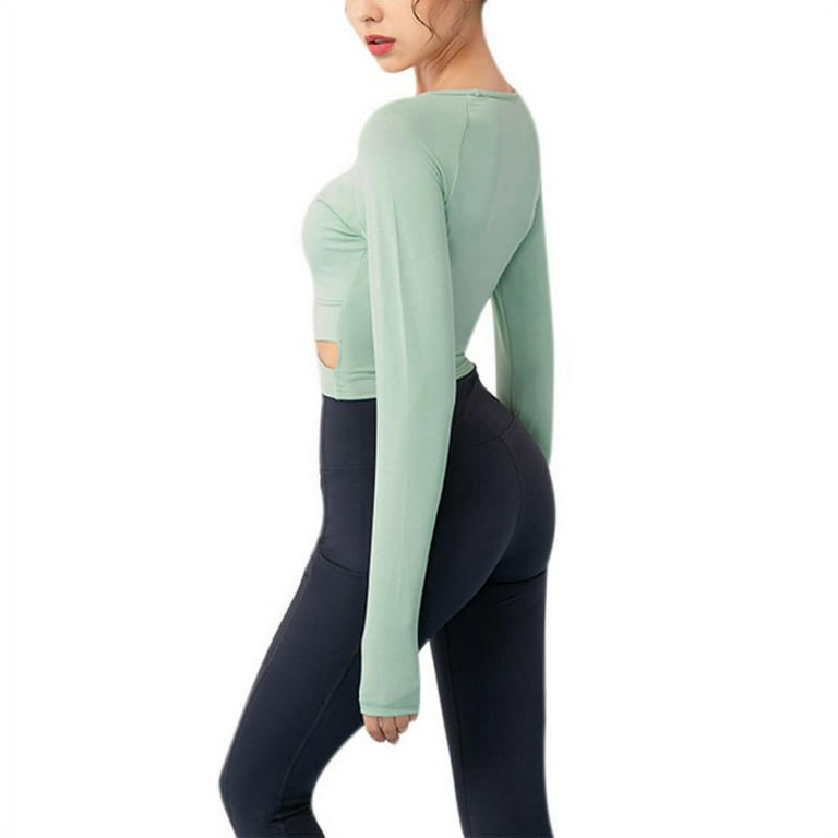 Women's Yoga Gym Crop Top Compression Workout Athletic Long Sleeve Shirt  With Chest Pad,Tummy Cross Tights Casual Workout Shirt (Mint Green S) 