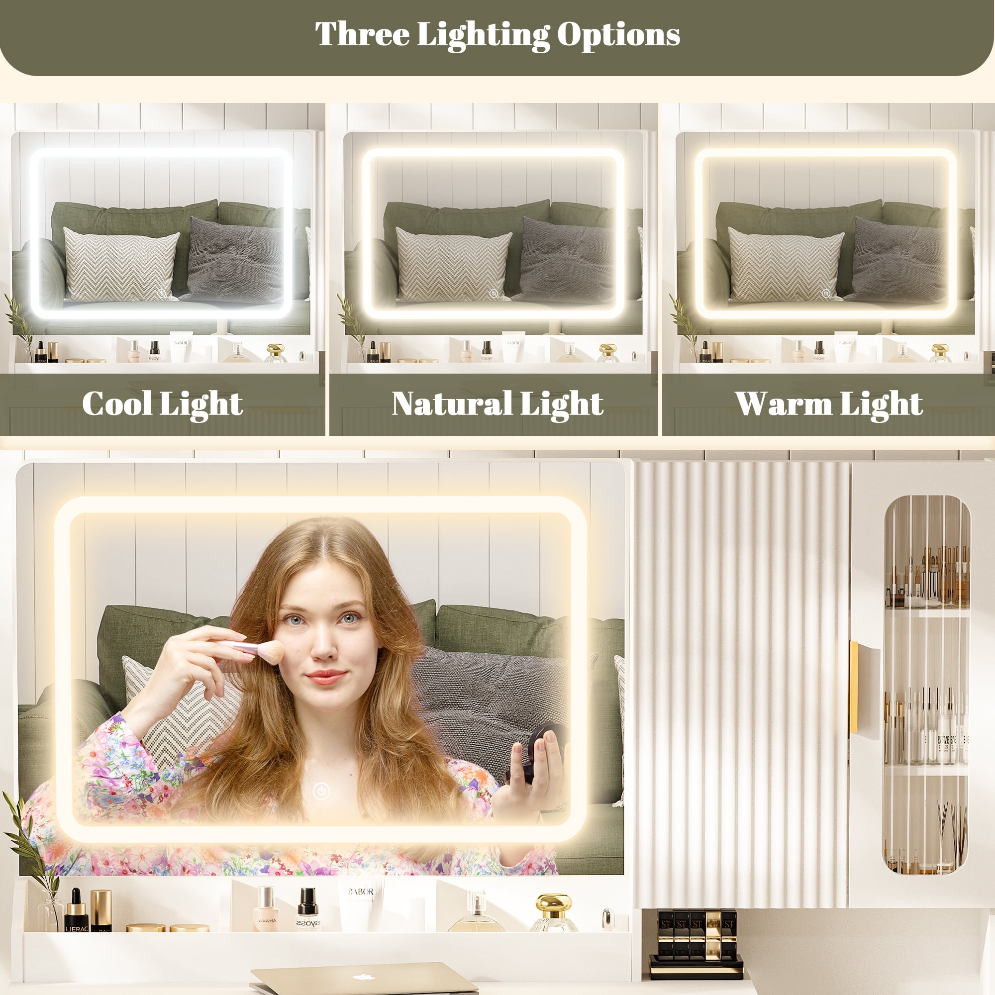 42" Fluted Vanity Desk with Mirror & Lights, Makeup Vanity with Storage Drawer & Glass Cabinet, 3 LED Light Modes, Power Outlet for Bedroom