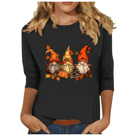 TKLPEHG Thanksgiving Shirts for Women 3/4 Sleeve Tops Round Neck Fall Fashion Funny Gnome Graphic Shirts Pullover (Black,XXXXXL)