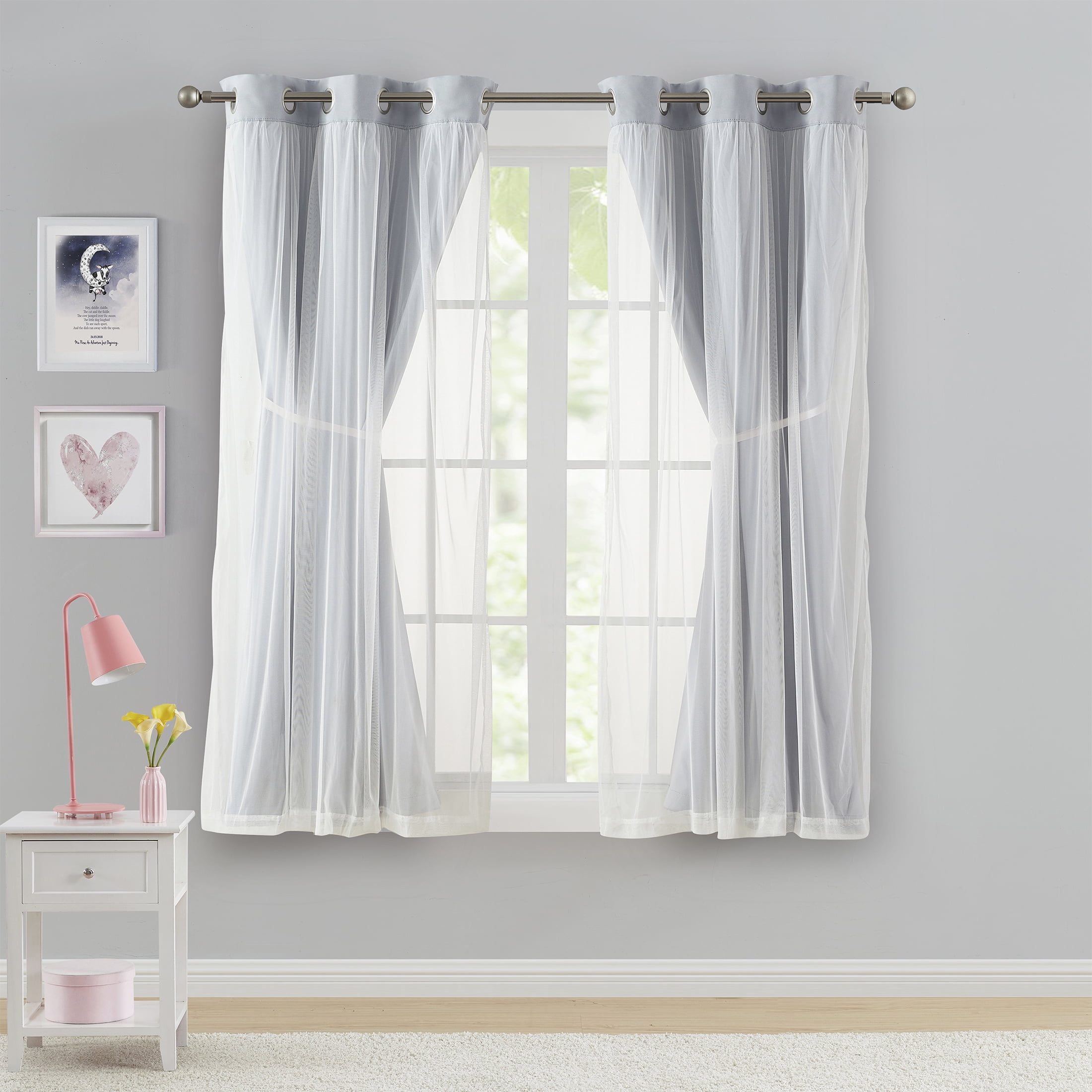 (2 pack) Your Zone Blackout Curtain Panel with Sheer Overlay, 1 Panel, Grey, 37" W x 63" L