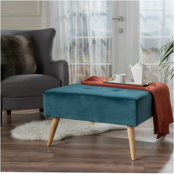JERFIT Mid-Century Modern Velvet Ottoman with Storage, Teal Tufted Cocktail Footstool Pouf, Accent Bench with Solid Wood Legs for Living Room