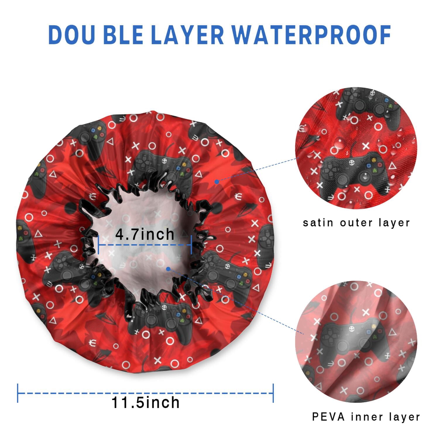 Shower Caps,Black Controllers Games Icons Red Pattern Waterproof Shower Cap for Women 4 Pieces,Double Reusable Hair Cover for Shower PEVA Elastic Stretch Hem