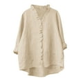 thumbnail image 2 of Button Down Shirt for Women Dressy Casual Cotton Linen 3/4 Sleeve Hi-Low Hem Blouse Ruffle Trim V Neck Summer Beach Tops Beige S-Xxl, 2 of 6