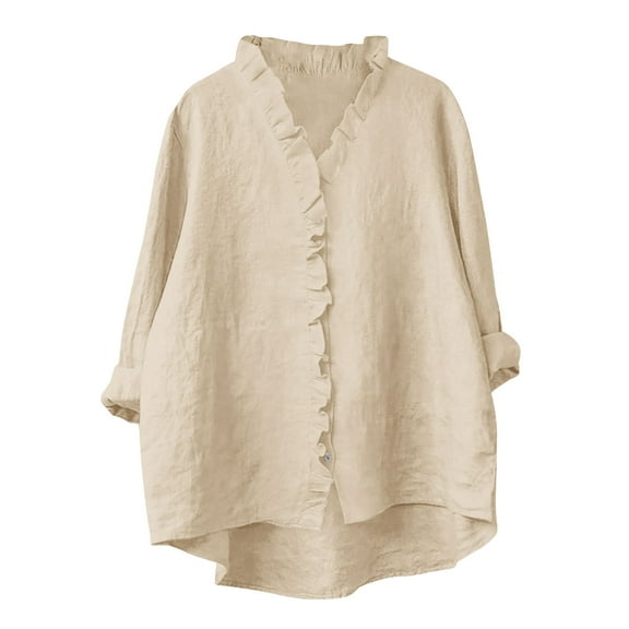 Fancifize Women's Linen Button Down Shirts Ruffle Trim 3/4 Sleeve V Neck Casual Cotton Tops Loose Autumn Shirts