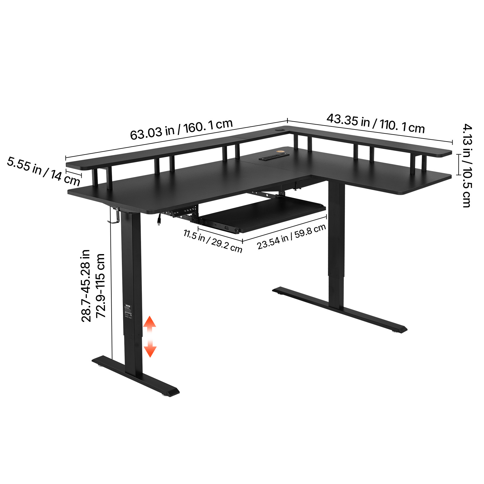 VEVOR L Shaped Desk, Electric Adjustable Height Corner Gaming Desk with Keyboard Tray and Dual Hooks, Heavy Duty L-Shaped Computer Table with Light Strip for Home Office, Easy to Assemble, Black