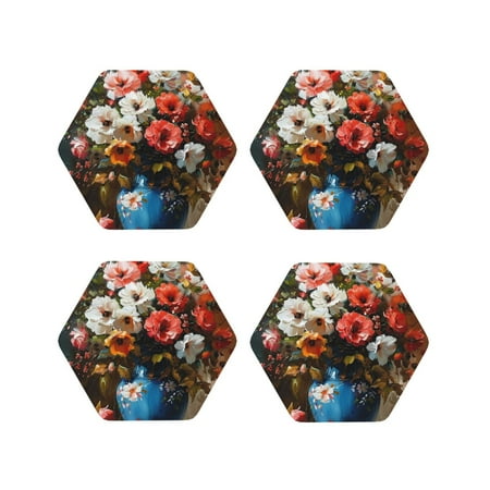

Fuzoiu Elegant Floral Vase Painting Print Leather Coasters Set Drink Coasters Set of 4 for Tabletop Protection Durable PVC Coasters Home Décor and Housewarming Gift-Hexagon