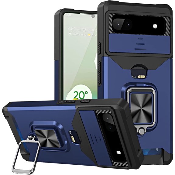 KOMI Card Slot and Wireless Charging Case for Google Pixel 6a, Military Grade Shockproof Lens Protection with Magnetic Stand Phone Cover for Google Pixel 6a YHZH Navy