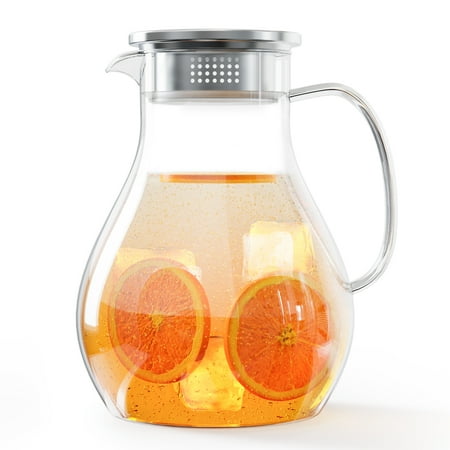 TINANA Glass Water Pitcher with Lid: Drink Pitcher, 63oz Tea Pitcher for Fridge, Borosilicate Glass Juice Pitcher for Cold or Hot Beverages, Wide Mouth, Clear