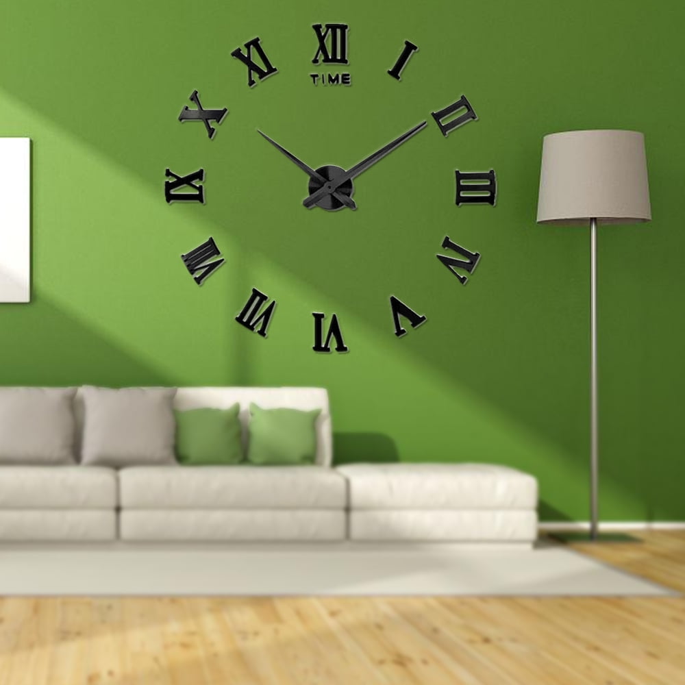 Large 3D DIY Wall Clock Acrylic Mirror Surface Decoration Wall Clock for Living Room Bedroom Office (Black)