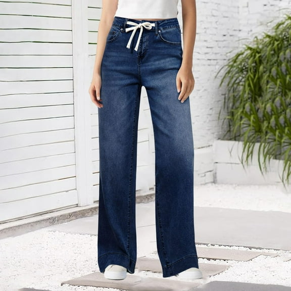 Women's High Waisted Jeans, Mom Jeans, Drawstring Baggy Wide Leg Jeans, Stretch Straight Leg Denim Pants for Streetwear, Casual Wear, and Daily Outfits-Dark Blue