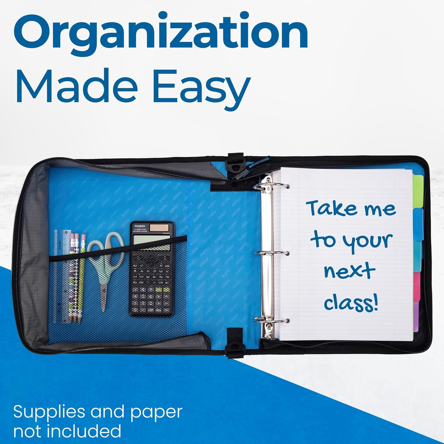 Case-it Classic Zipper Binder, 2" O-Ring with Mesh Pockets and Shoulder Strap and Handle, 350 Page Capacity, D-251 Denim Blue