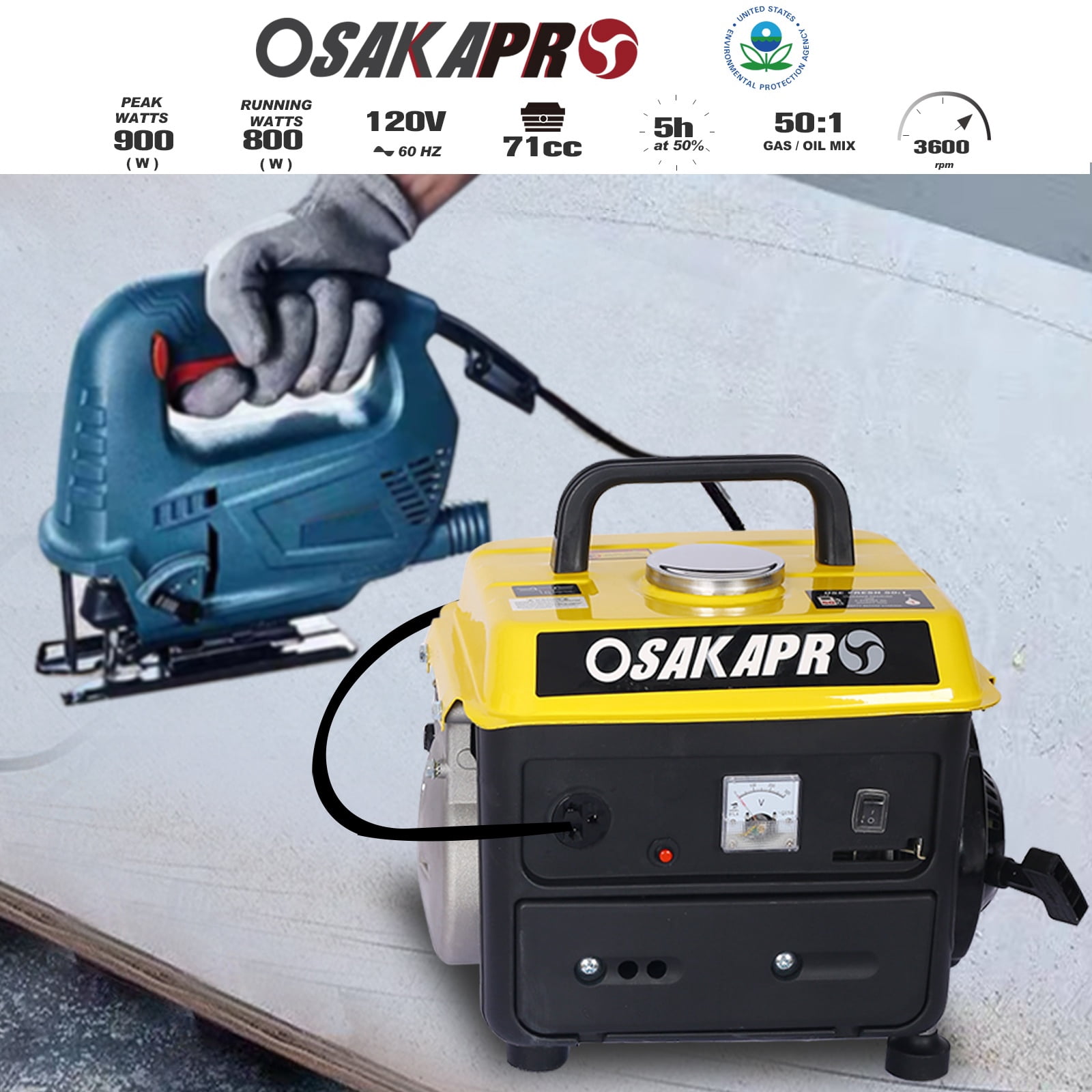 Portable Gas Powered Generator, 900W Peak, 800W Rated, Low Noise, Lightweight, EPA Compliant for Home, Camping, and Outdoor Use