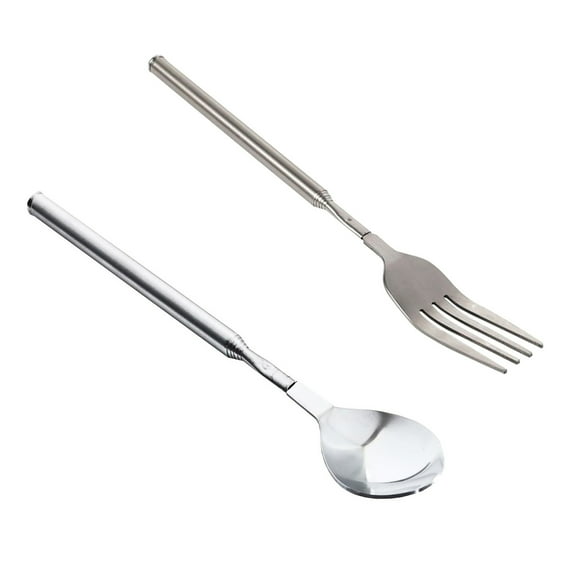 COOLHOOD Pack Of 2 Stainless Steel Telescopic Forks Spoons Expandable Long Cutlery Telescoping Dinning Utensils For BBQs Camping
