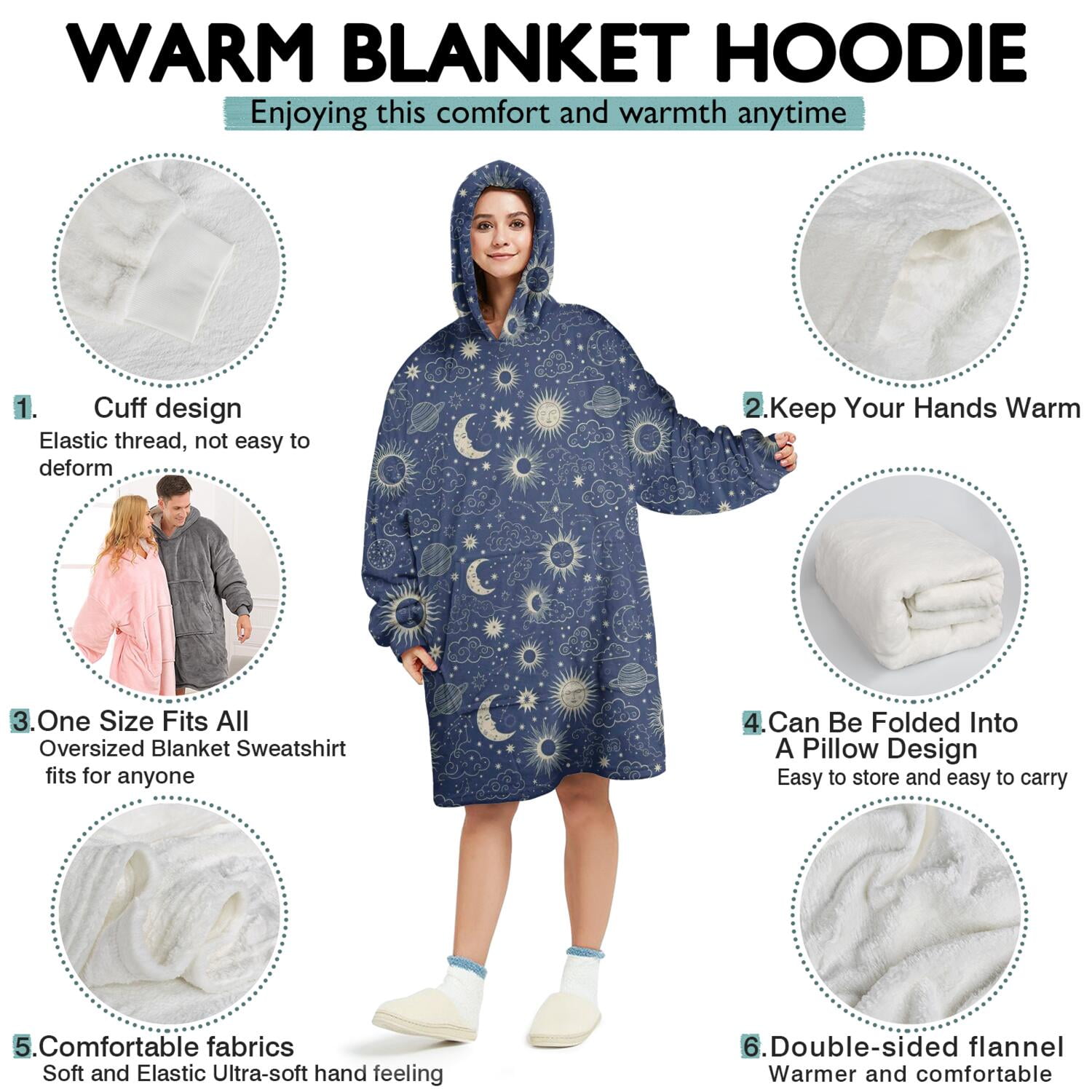 Wearable Oversized Blanket,Dark Blue Celestial Pattern Wearable Blanket Hoodie for Adults,Cozy Hooded Blankets with Super Pockets,Super Warm Fuzzy Pullover for Women & Men