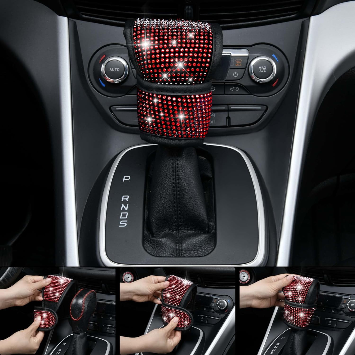 GUANGHUI 11 PCS Bling Car Accessories, Sparkly Rhinestone Diamond Steering Wheel Cover, Bling Seat Belt Cushion, Glitter Shift Knob Cover, Car Cup Holder Coaster, Cute Interior Sets Red
