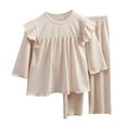 thumbnail image 1 of BYHONG Pyjama à Manches Longues Doux et Confortable pour Filles, Couleur Unie, Printemps Été, Ensemble 2 Pcs, Tunique Décontractée à Col Rond, Beige 120, 1 of 4