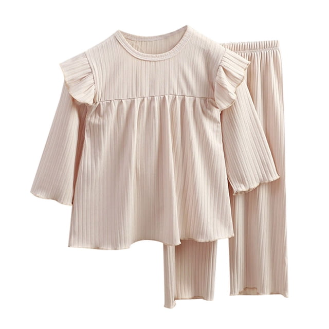 BYHONG Pyjama à Manches Longues Doux et Confortable pour Filles, Couleur Unie, Printemps Été, Ensemble 2 Pcs, Tunique Décontractée à Col Rond, Beige 120