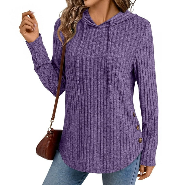 Fanxing Womens Long Sleeve Shirts Knit Sweater Button Side Split Curved Hem Basic Loose Tunic Tops 2025 Purple S