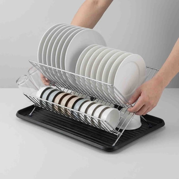 3-Tier Foldable Dish Drying Rack With Drainage Tray, Stainless Steel & Black Metal Kitchen Countertop Organizer For Bowls, Plates & Utensils Silver