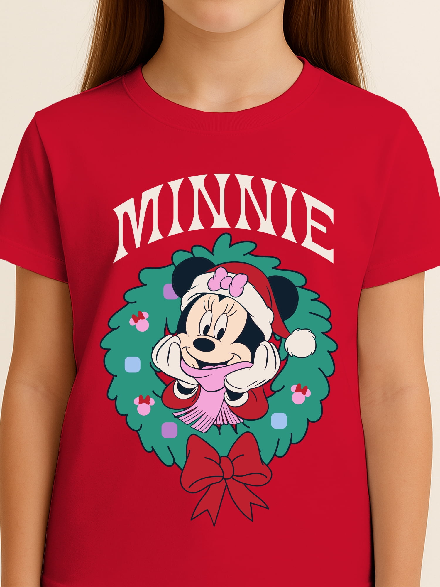 Disney Minnie Mouse Christmas Wreath Girls Graphic Tee with Short Sleeves, Sizes 4-16