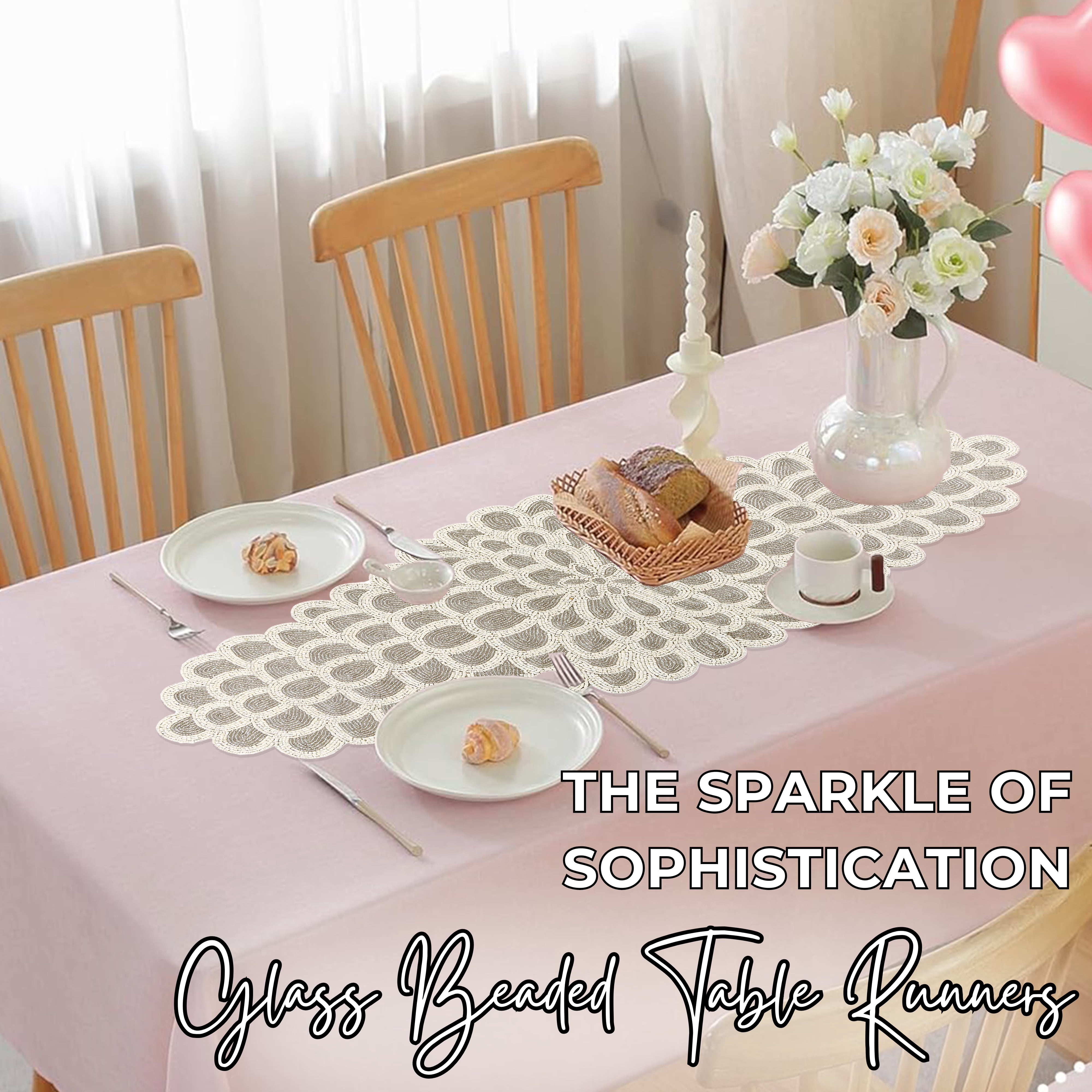 Handcrafted Glass Beaded Table Runner - Elegant Decorative Dining Table Décor (White Silver)