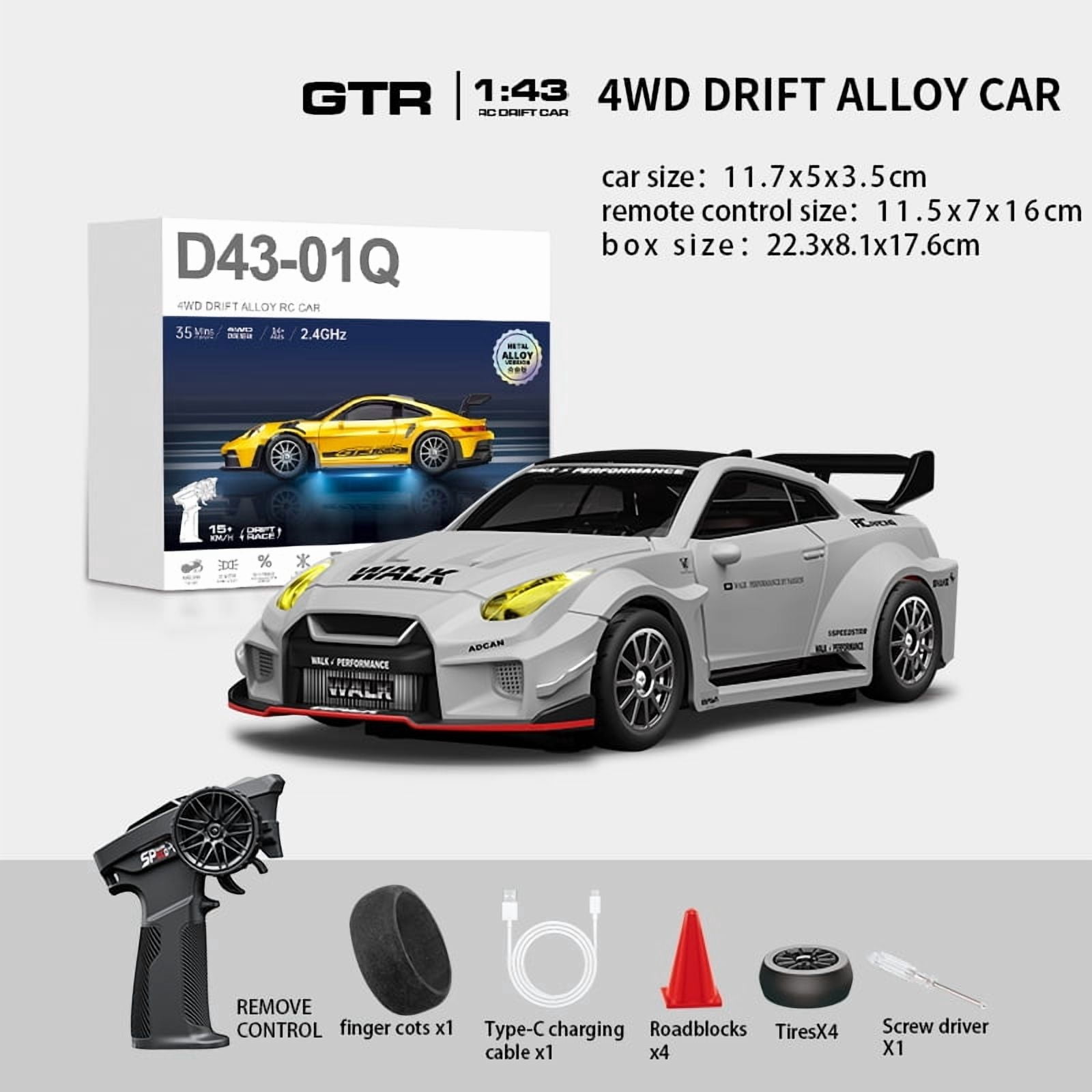 1/43 Scale Alloy RC Drift Car 4WD 2.4G Full Proportional Remote Control Racing Vehicle With Gyro & LED Lights Adjustable Speed Desktop Model For Adults Hobbyists - Q10/Gray / D43-02
