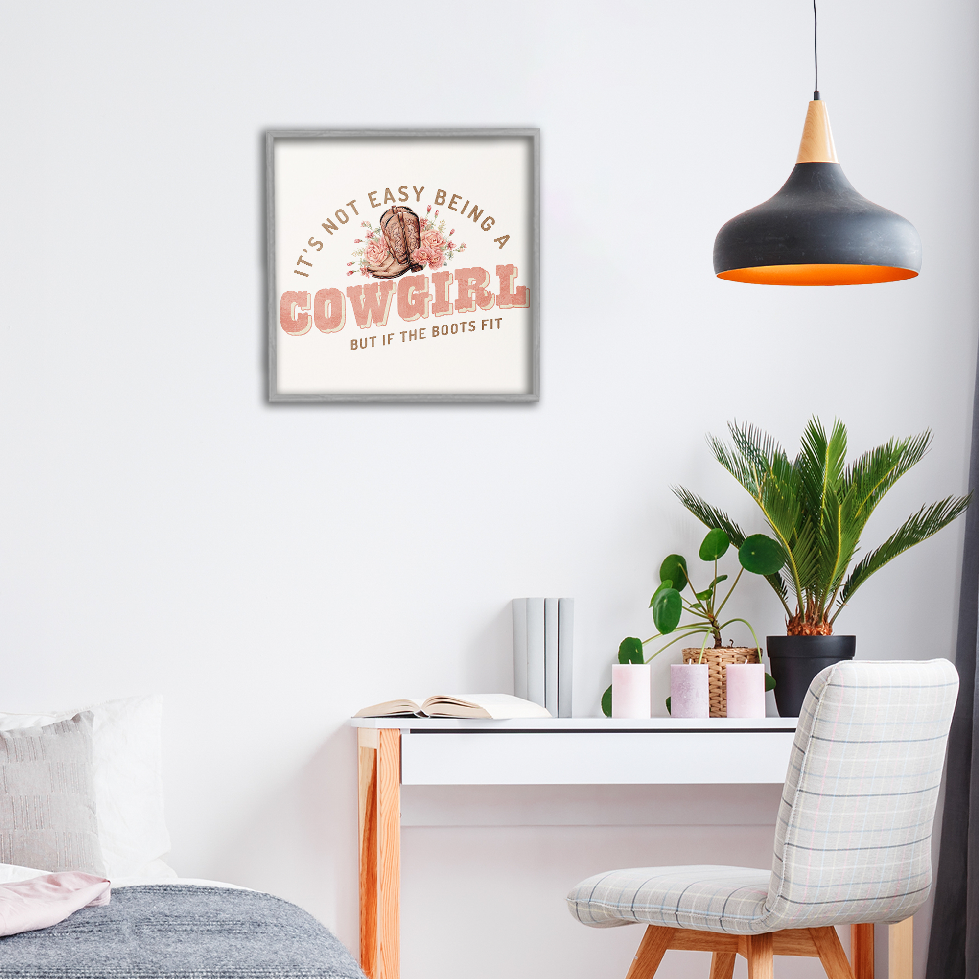 Not Easy Being Cowgirl Gray Framed Giclee Art, design by Kim Allen