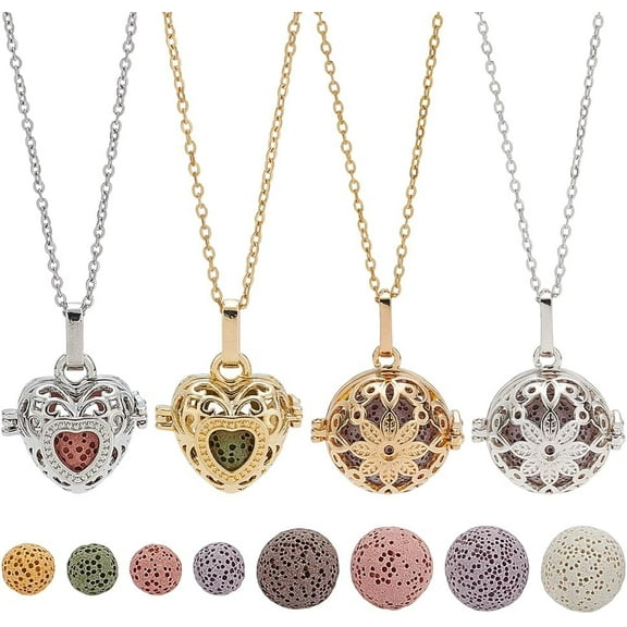 Aromatherapy Essential Oil Diffuser DIY Necklaces Making Kit 4Pcs Necklace Brass Diffuser Locket Pendants with 12Pcs Natural Lava Rock Beads 8Pcs Stainless Steel Cable Chains
