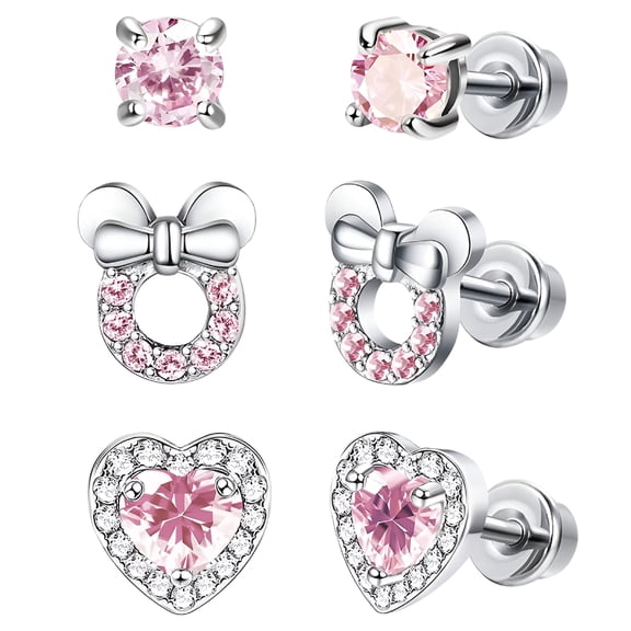 DESIGNICE 3 Pairs Screwback Earrings for Women Heart Cz Stud Stainless Steel Earrings Set