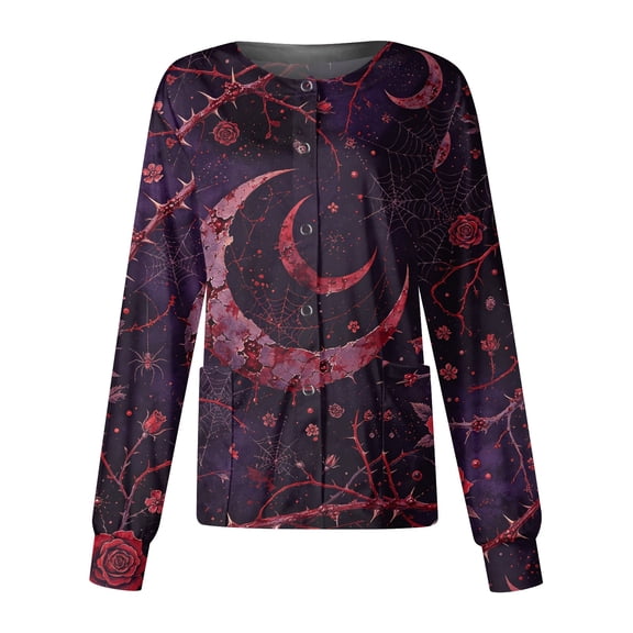 Domzest Halloween Women Long Sleeve Scrubs Jacket Button Front Halloween Print Medical Workwear Jacket Cute Nurse Working Uniform Deep Red 5XL